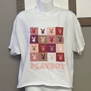 Playboy Bunny Distressed Cut Cropped Cotton Crewneck White T-Shirt- Large